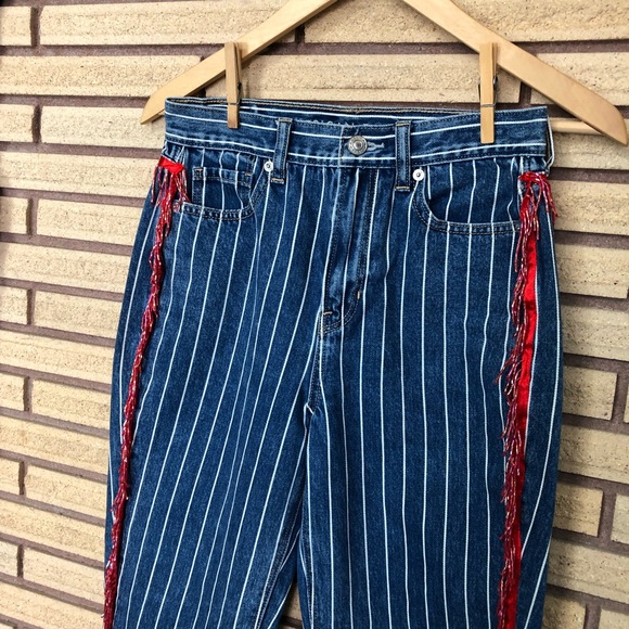Denim Pin Stripe Jeans with Vintage Fringe - American Eagle Mom Jeans - Waist 26 - Picture 16 of 16